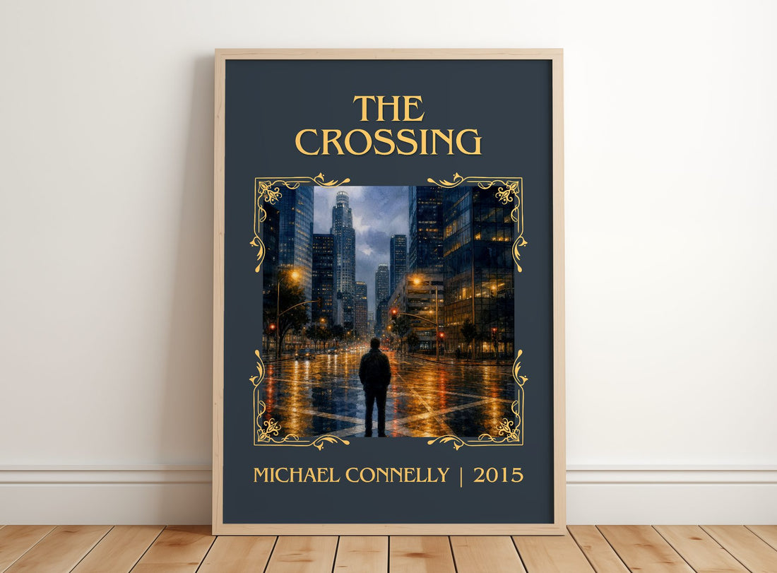 The Crossing Classic Book Art Print by Michael Connelly – framed print leaning on a wooden floor