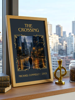 The Crossing Classic Book Art Print by Michael Connelly – framed print on a city-view windowsill