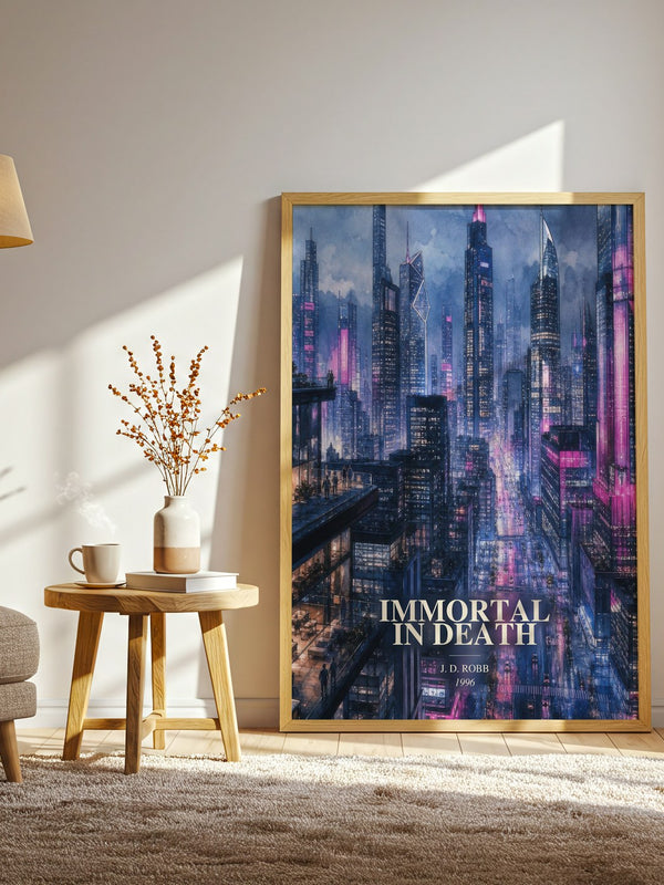 Immortal In Death watercolour print in frame leaning in hallway – crime wall art