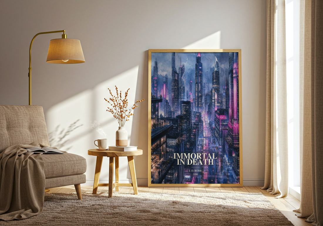 Immortal In Death watercolour print in frame leaning in hallway – crime wall art (mockup)