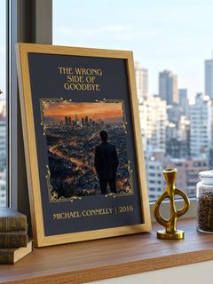 The Wrong Side of Goodbye Classic Book Art Print by Michael Connelly – framed print on a city-view windowsill