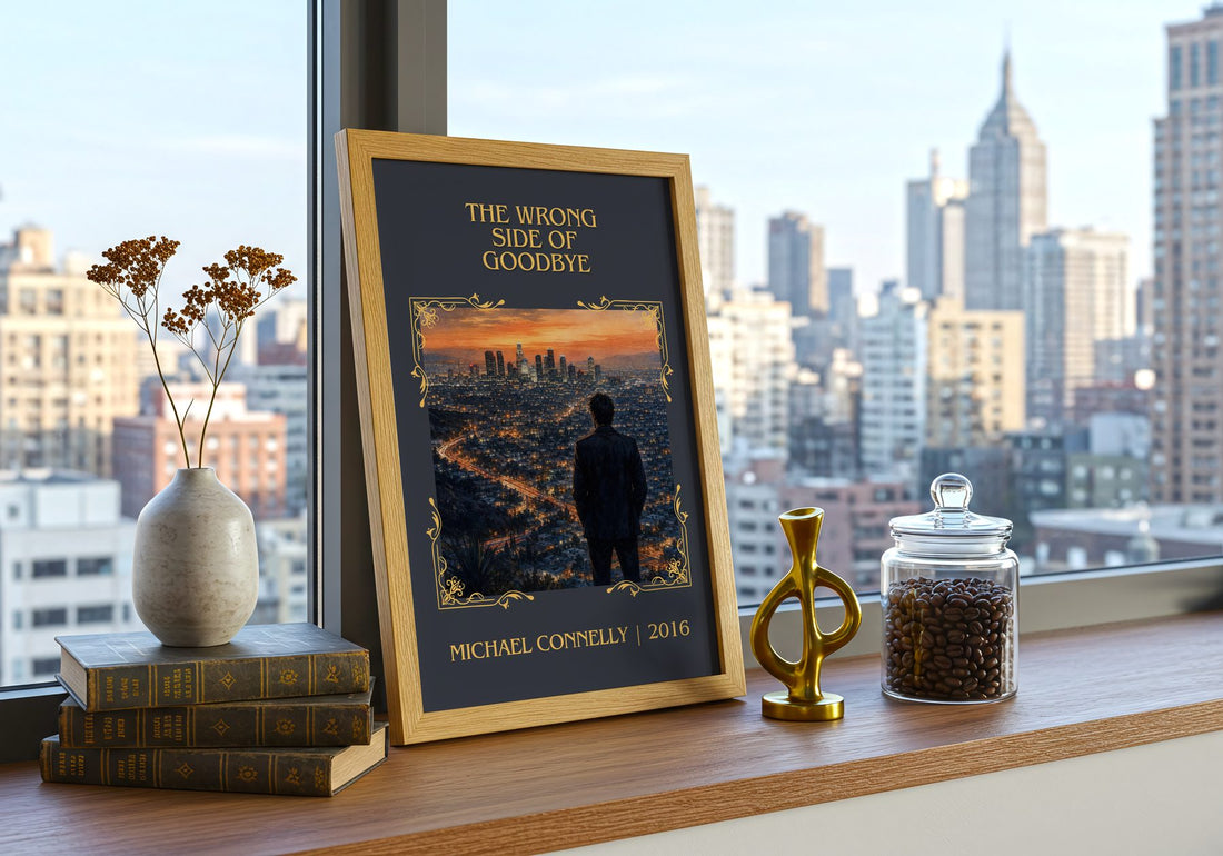 The Wrong Side of Goodbye Classic Book Art Print by Michael Connelly – framed print on a city-view windowsill