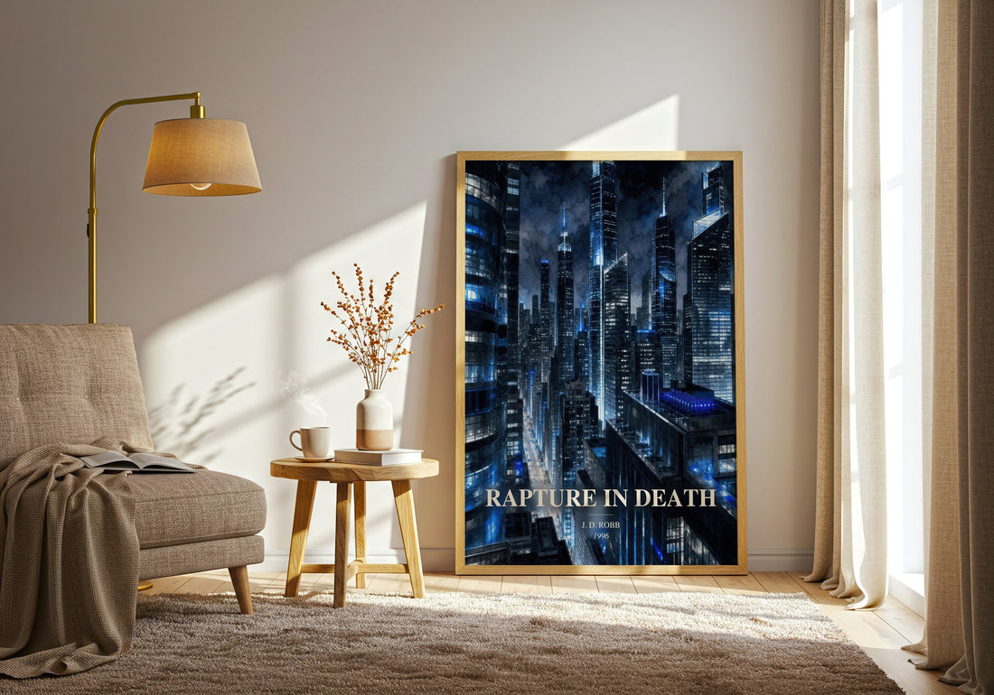 Rapture In Death watercolour print in frame leaning in hallway – mystery wall art (mockup)