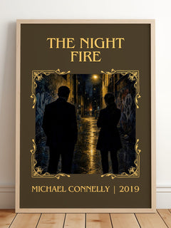 The Night Fire Classic Book Art Print by Michael Connelly – framed print leaning on a wooden floor