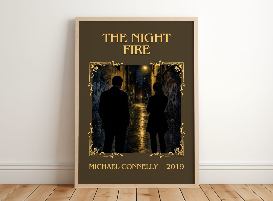 The Night Fire Classic Book Art Print by Michael Connelly – framed print leaning on a wooden floor