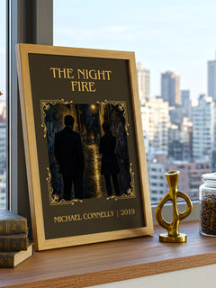 The Night Fire Classic Book Art Print by Michael Connelly – framed print on a city-view windowsill