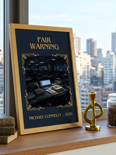 Fair Warning Classic Book Art Print by Michael Connelly – framed print on a city-view windowsill