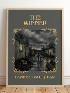 The Winner Classic Book Art Print by David Baldacci – framed print leaning on a wooden floor