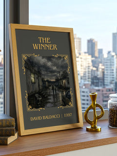 The Winner Classic Book Art Print by David Baldacci – framed print on a city-view windowsill