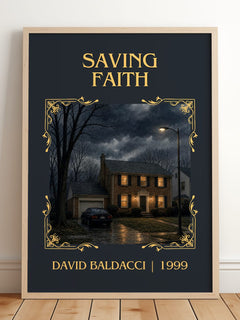 Saving Faith Classic Book Art Print by David Baldacci – framed print leaning on a wooden floor