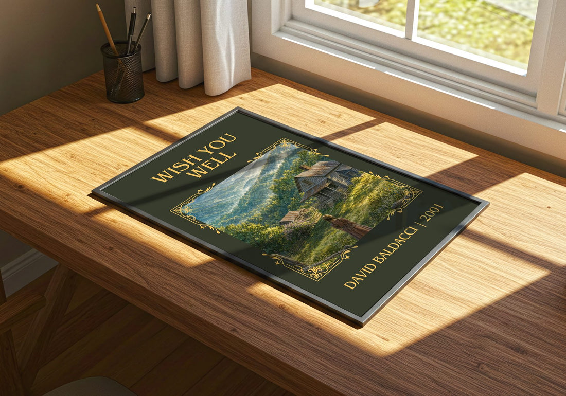 Wish You Well Classic Book Art Print by David Baldacci – print on a sunlit desk