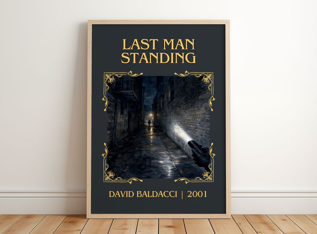Last Man Standing Classic Book Art Print by David Baldacci – framed print leaning on a wooden floor