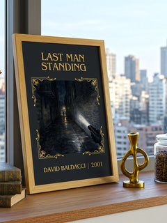Last Man Standing Classic Book Art Print by David Baldacci – framed print on a city-view windowsill
