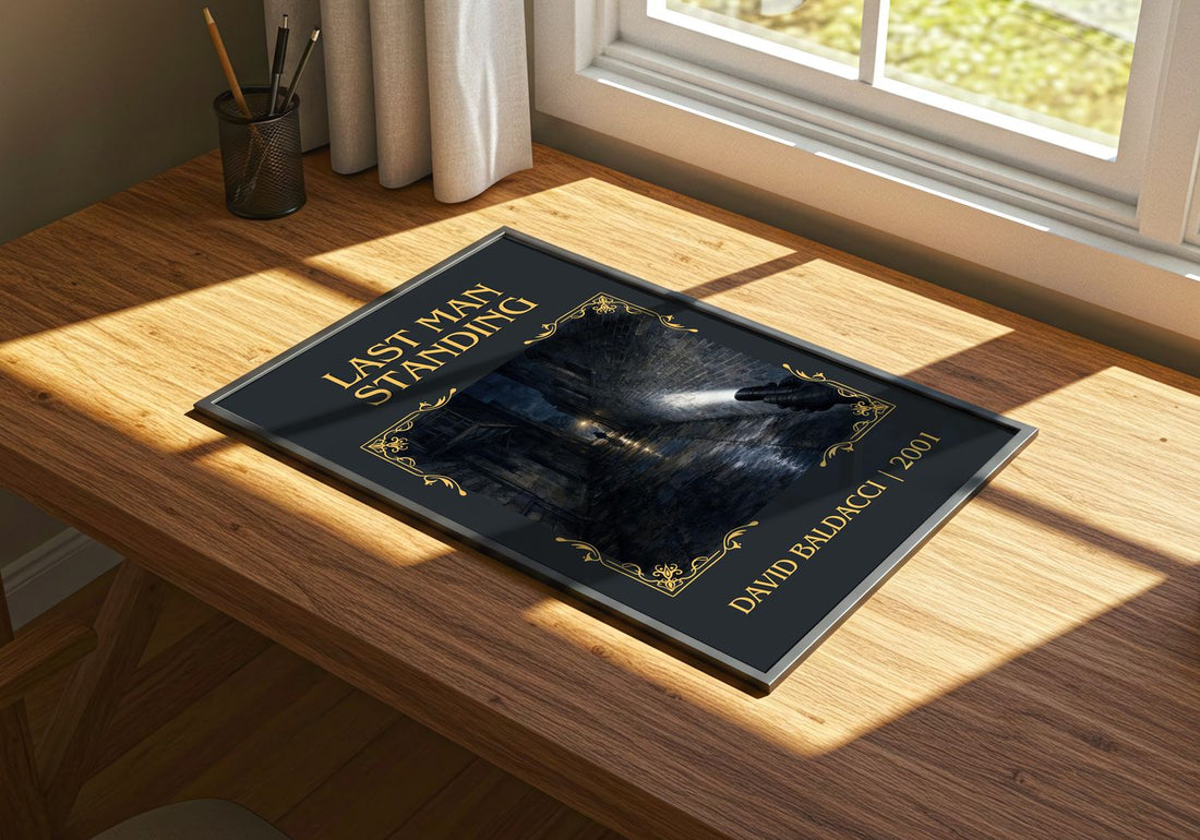 Last Man Standing Classic Book Art Print by David Baldacci – print on a sunlit desk