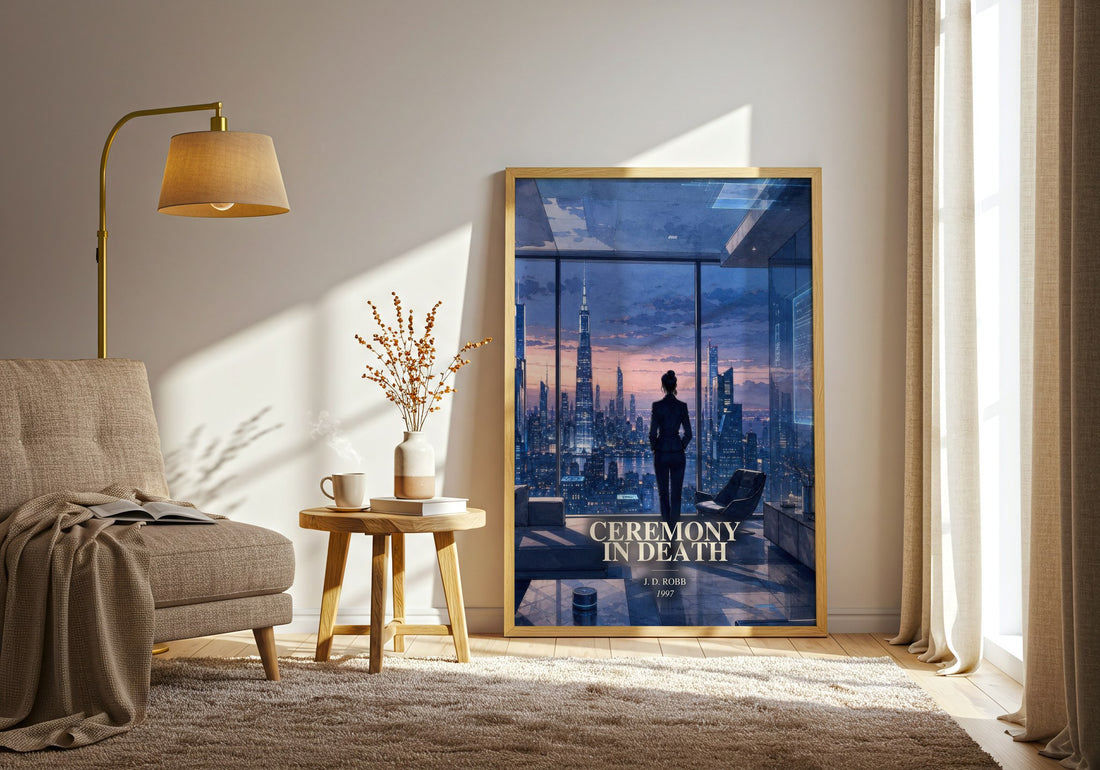 Ceremony In Death watercolour print in frame leaning in hallway – mystery wall art (mockup)