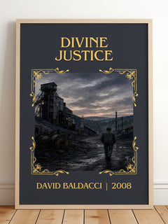Divine Justice Classic Book Art Print by David Baldacci – framed print leaning on a wooden floor