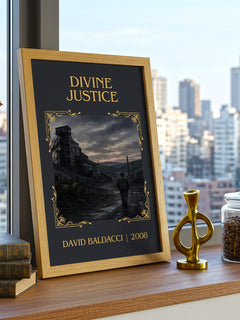 Divine Justice Classic Book Art Print by David Baldacci – framed print on a city-view windowsill