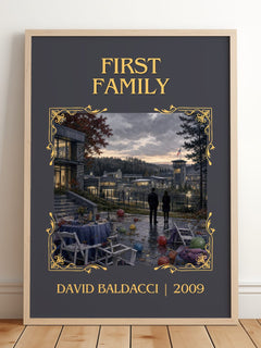First Family Classic Book Art Print by David Baldacci – framed print leaning on a wooden floor