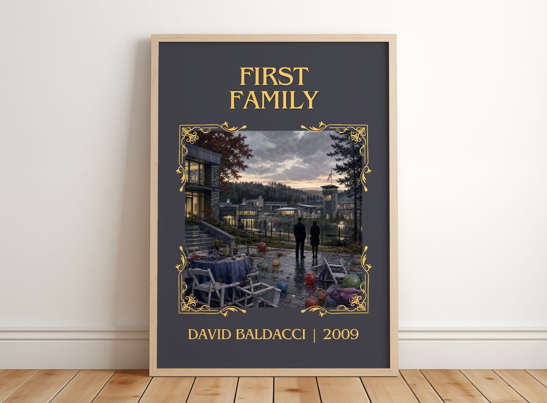 First Family Classic Book Art Print by David Baldacci – framed print leaning on a wooden floor