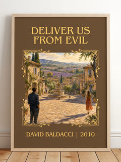 Deliver Us from Evil Classic Book Art Print by David Baldacci – framed print leaning on a wooden floor