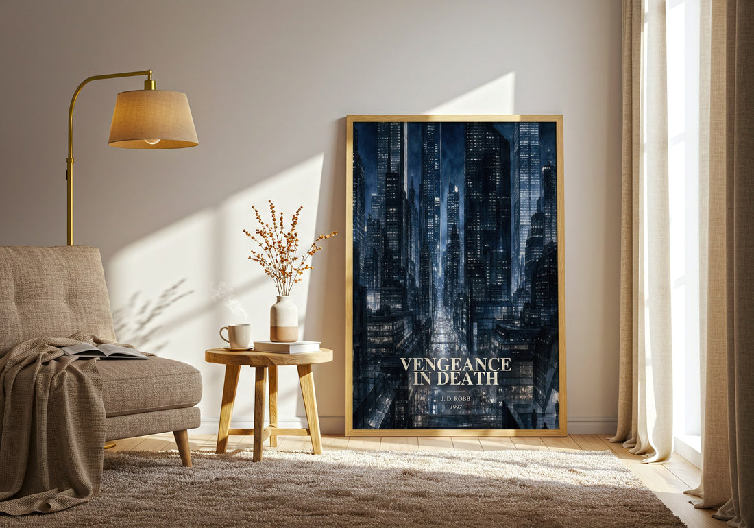 Vengeance In Death watercolour print in frame leaning in hallway – mystery wall art (mockup)