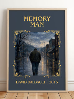 Memory Man Classic Book Art Print by David Baldacci – framed print leaning on a wooden floor