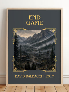 End Game Classic Book Art Print by David Baldacci – framed print leaning on a wooden floor