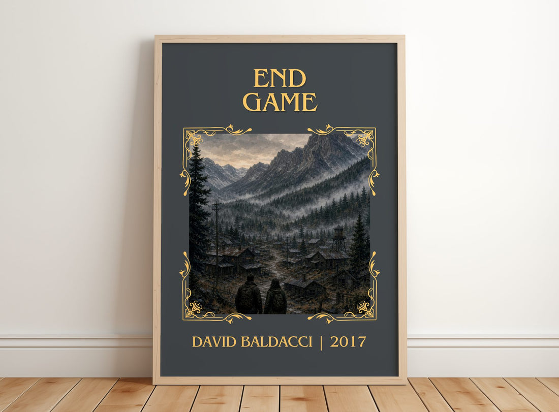 End Game Classic Book Art Print by David Baldacci – framed print leaning on a wooden floor