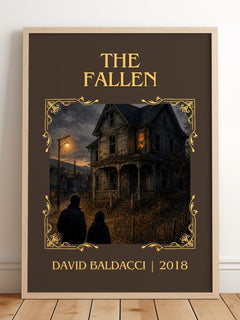 The Fallen Classic Book Art Print by David Baldacci – framed print leaning on a wooden floor