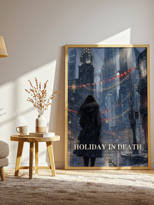 Holiday In Death watercolour print in frame leaning in hallway – mystery wall art