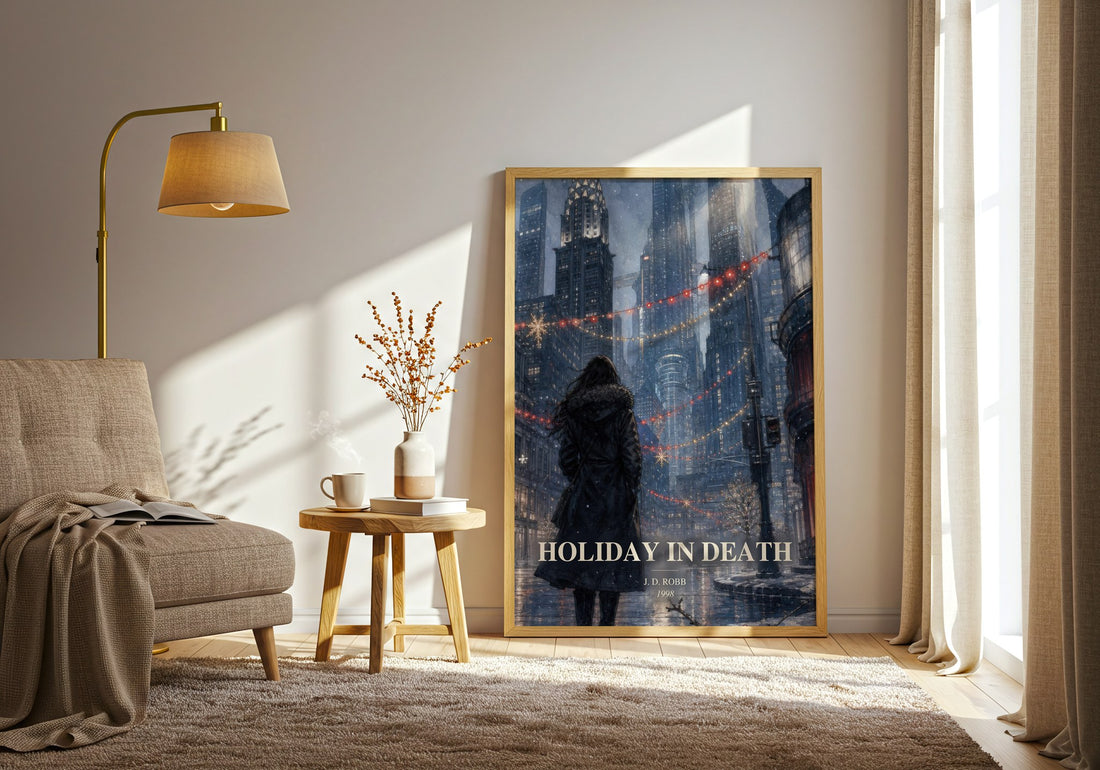 Holiday In Death watercolour print in frame leaning in hallway – mystery wall art (mockup)