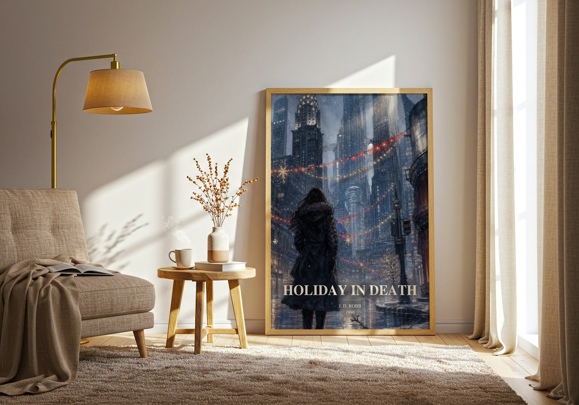 Holiday In Death watercolour print in frame leaning in hallway – mystery wall art