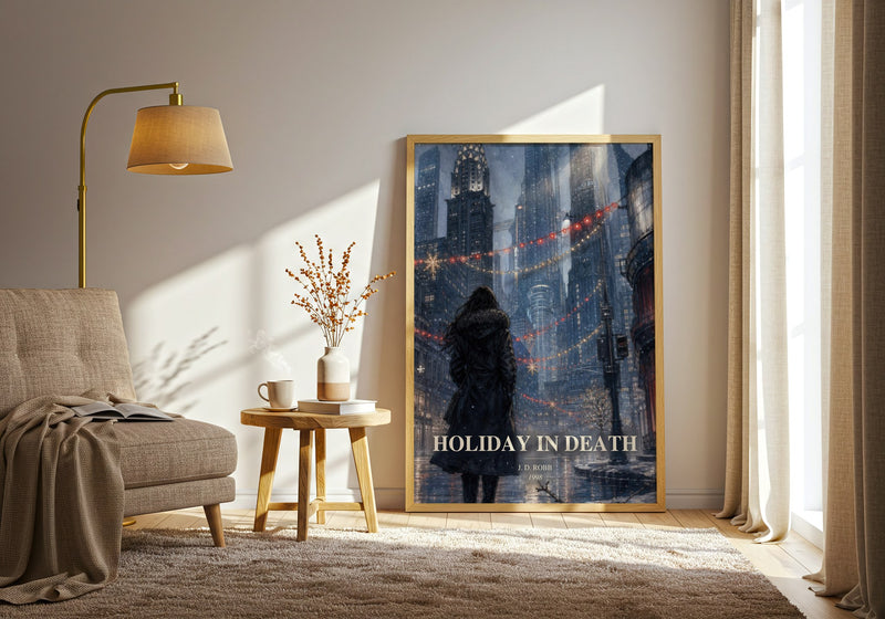 Holiday In Death watercolour print in frame leaning in hallway – mystery wall art
