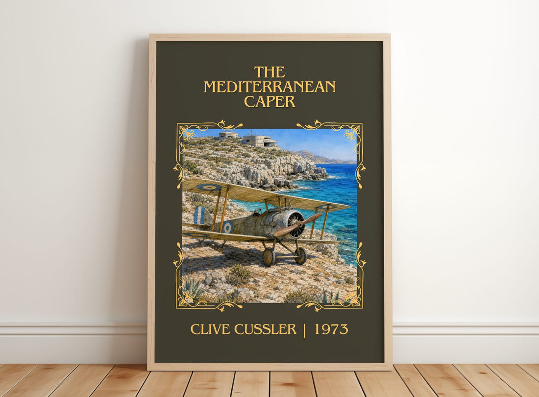 The Mediterranean Caper Classic Book Art Print by Clive Cussler – framed print leaning on a wooden floor