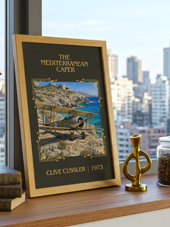 The Mediterranean Caper Classic Book Art Print by Clive Cussler – framed print on a city-view windowsill
