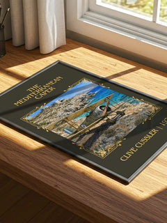 The Mediterranean Caper Classic Book Art Print by Clive Cussler – print on a sunlit desk