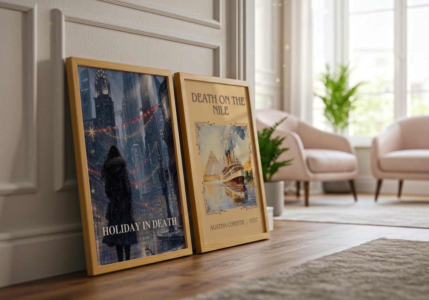 Holiday In Death watercolour print framed by window – literary home decor