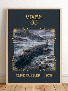 Vixen 03 Classic Book Art Print by Clive Cussler – framed print leaning on a wooden floor