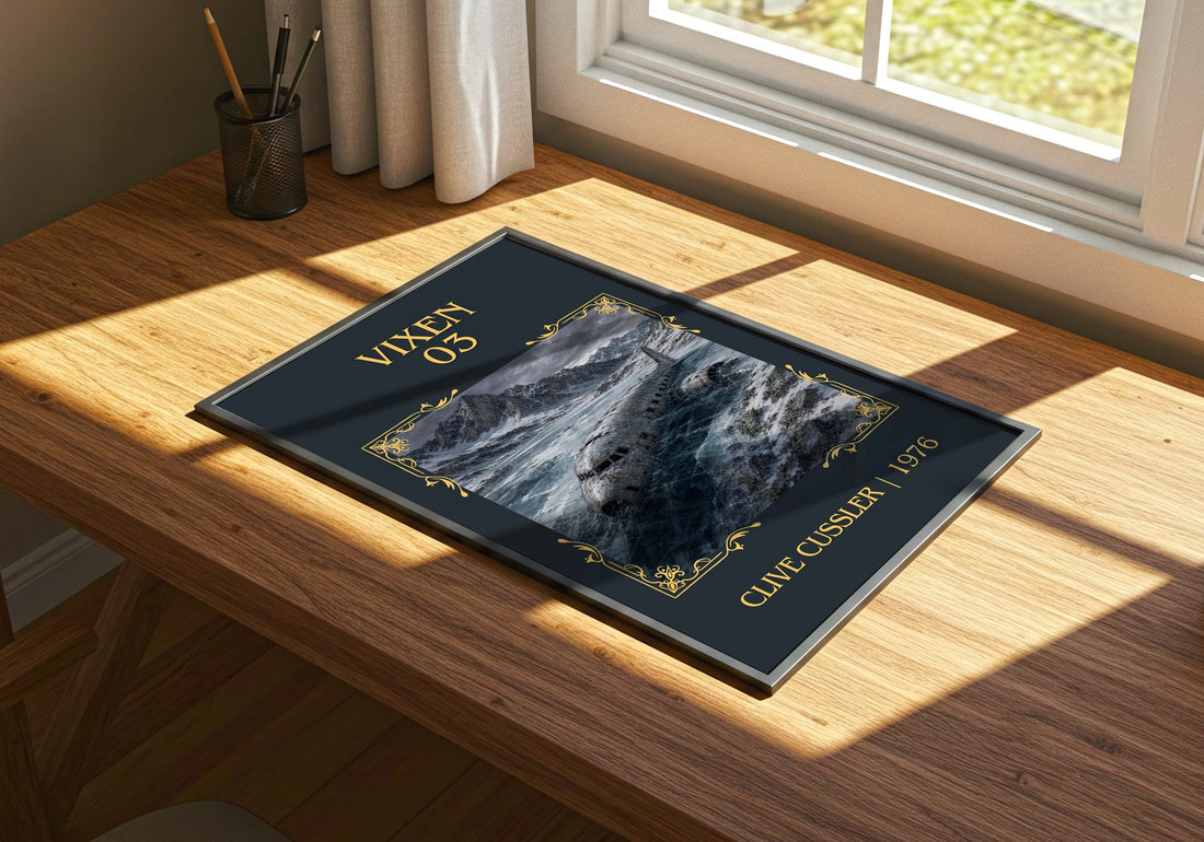 Vixen 03 Classic Book Art Print by Clive Cussler – print on a sunlit desk
