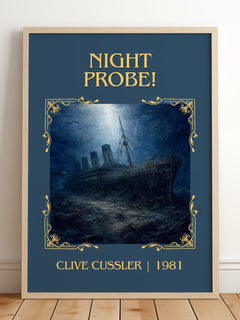 Night Probe! Classic Book Art Print by Clive Cussler – framed print leaning on a wooden floor