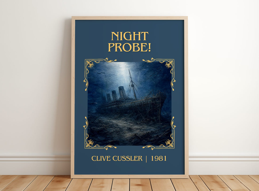 Night Probe! Classic Book Art Print by Clive Cussler – framed print leaning on a wooden floor