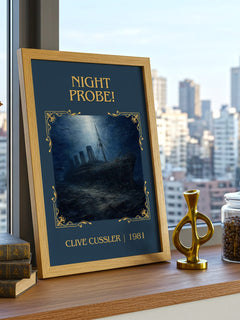 Night Probe! Classic Book Art Print by Clive Cussler – framed print on a city-view windowsill