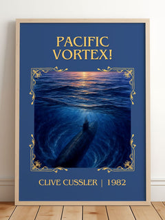 Pacific Vortex! Classic Book Art Print by Clive Cussler – framed print leaning on a wooden floor