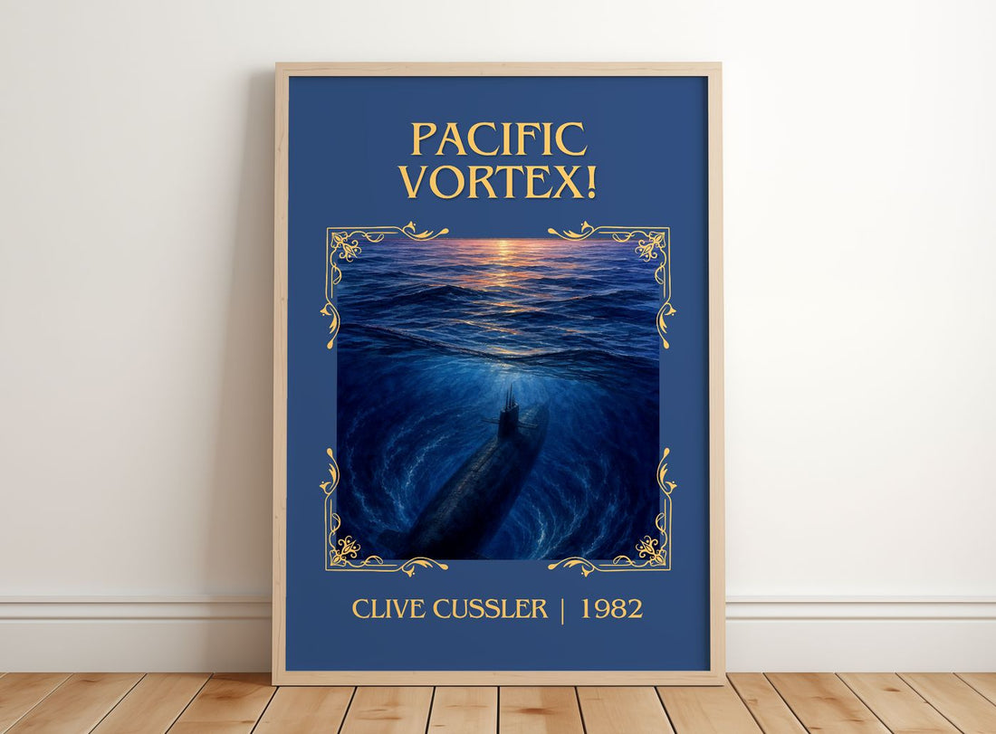 Pacific Vortex! Classic Book Art Print by Clive Cussler – framed print leaning on a wooden floor
