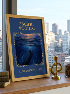 Pacific Vortex! Classic Book Art Print by Clive Cussler – framed print on a city-view windowsill