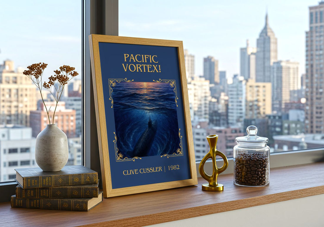 Pacific Vortex! Classic Book Art Print by Clive Cussler – framed print on a city-view windowsill