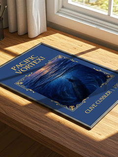 Pacific Vortex! Classic Book Art Print by Clive Cussler – print on a sunlit desk