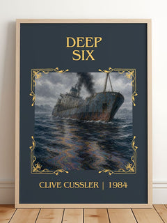 Deep Six Classic Book Art Print by Clive Cussler – framed print leaning on a wooden floor
