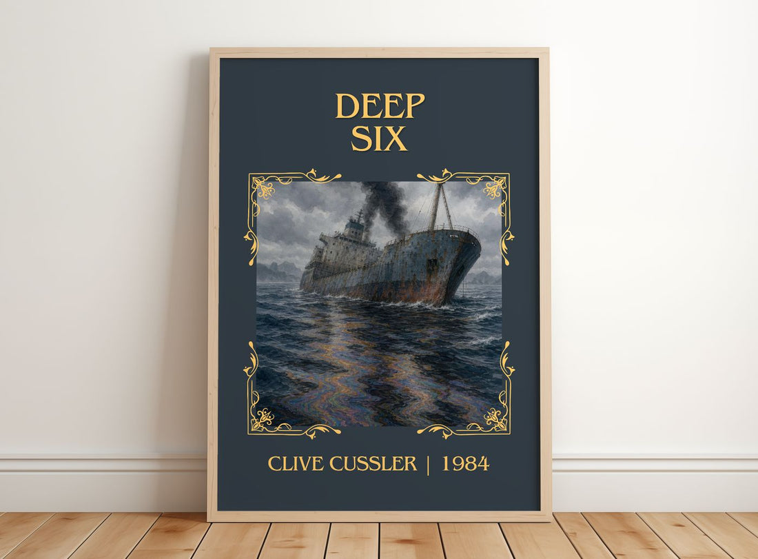 Deep Six Classic Book Art Print by Clive Cussler – framed print leaning on a wooden floor