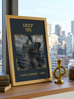 Deep Six Classic Book Art Print by Clive Cussler – framed print on a city-view windowsill